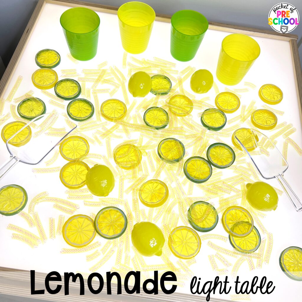 Lemonade light table plus more summer light table activities for preschool, pre-k, and kindergarten students. Ideas for math, literacy, fine motor, and STEM.