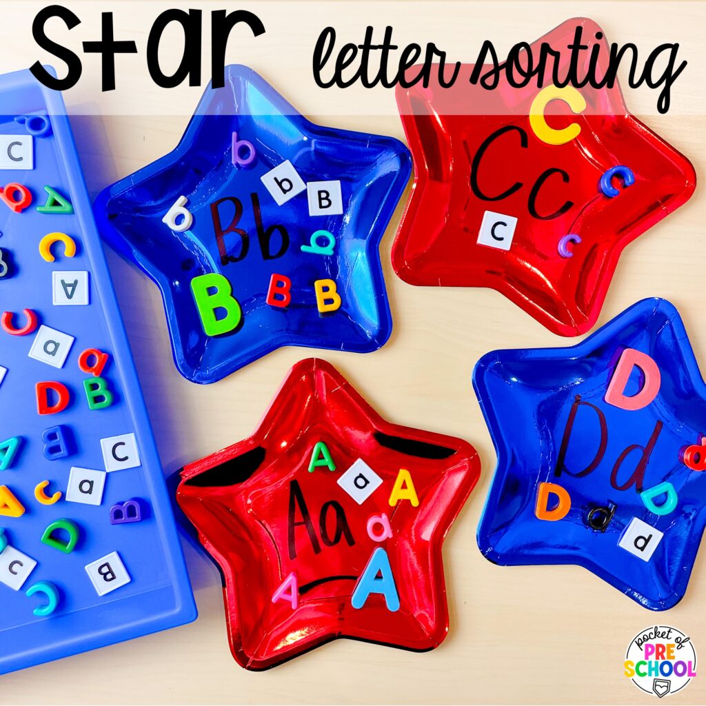 Star letter sorting plus more USA activities and centers for preschool, pre-k, and kindergarten students. These are perfect for President's Day, 4th of July, election time, or Veteran's Day.