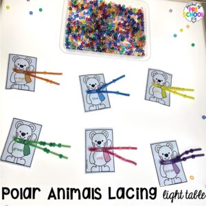 Polar animals lacing light table plus more winter light table activities for preschool, pre-k, and kindergarten students to learn on the light table.