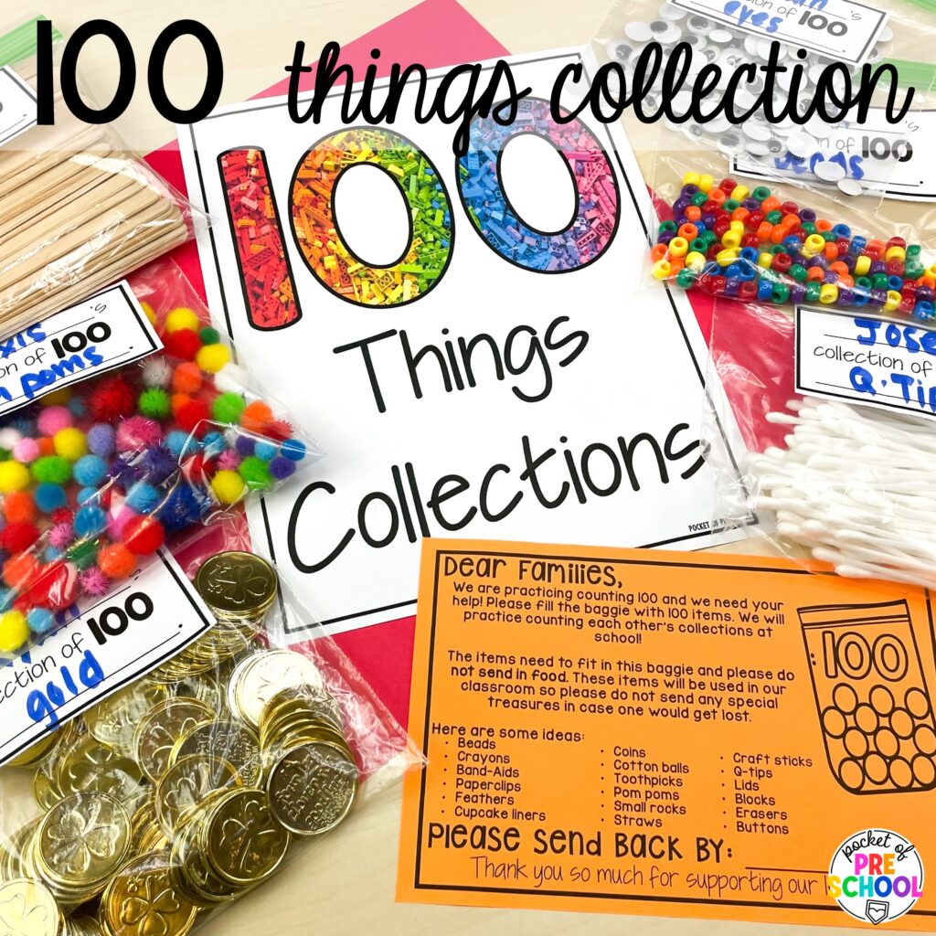100 things collection plus more 100th day activities for preschool, pre-k, and kindergarten students to count, explore, and practice numbers to 100.