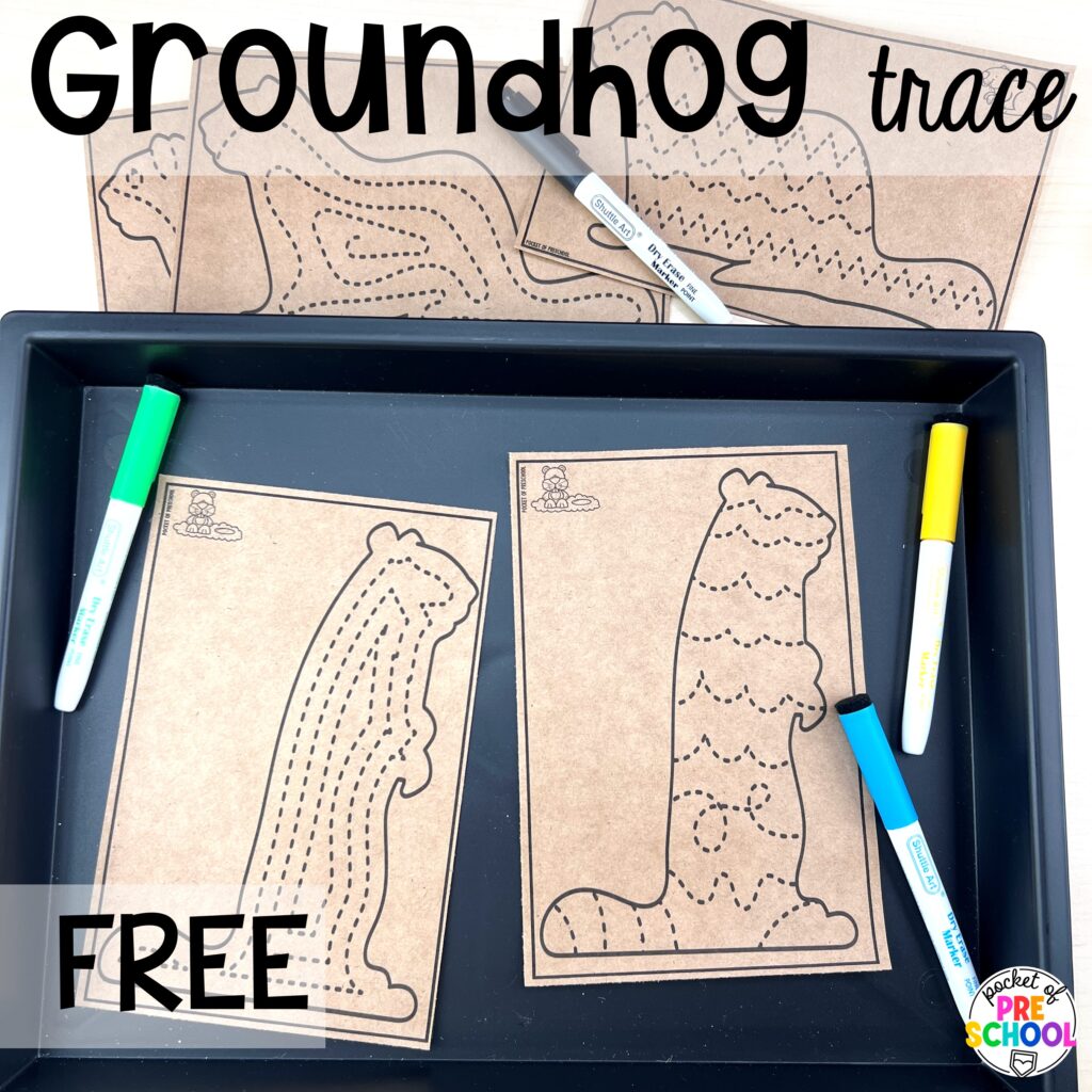 Groundhog tracing mats plus more Groundhog Day Activities and Centers for math, literacy, fine motor, science, and more for preschool, pre-k, and kindergarten students.
