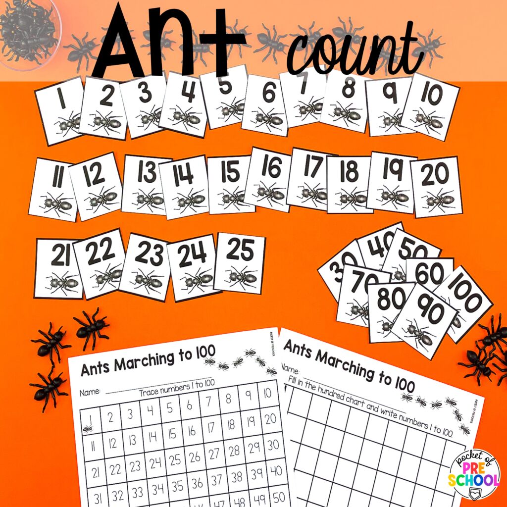 Ant count plus more 100th day activities for preschool, pre-k, and kindergarten students to count, explore, and practice numbers to 100.