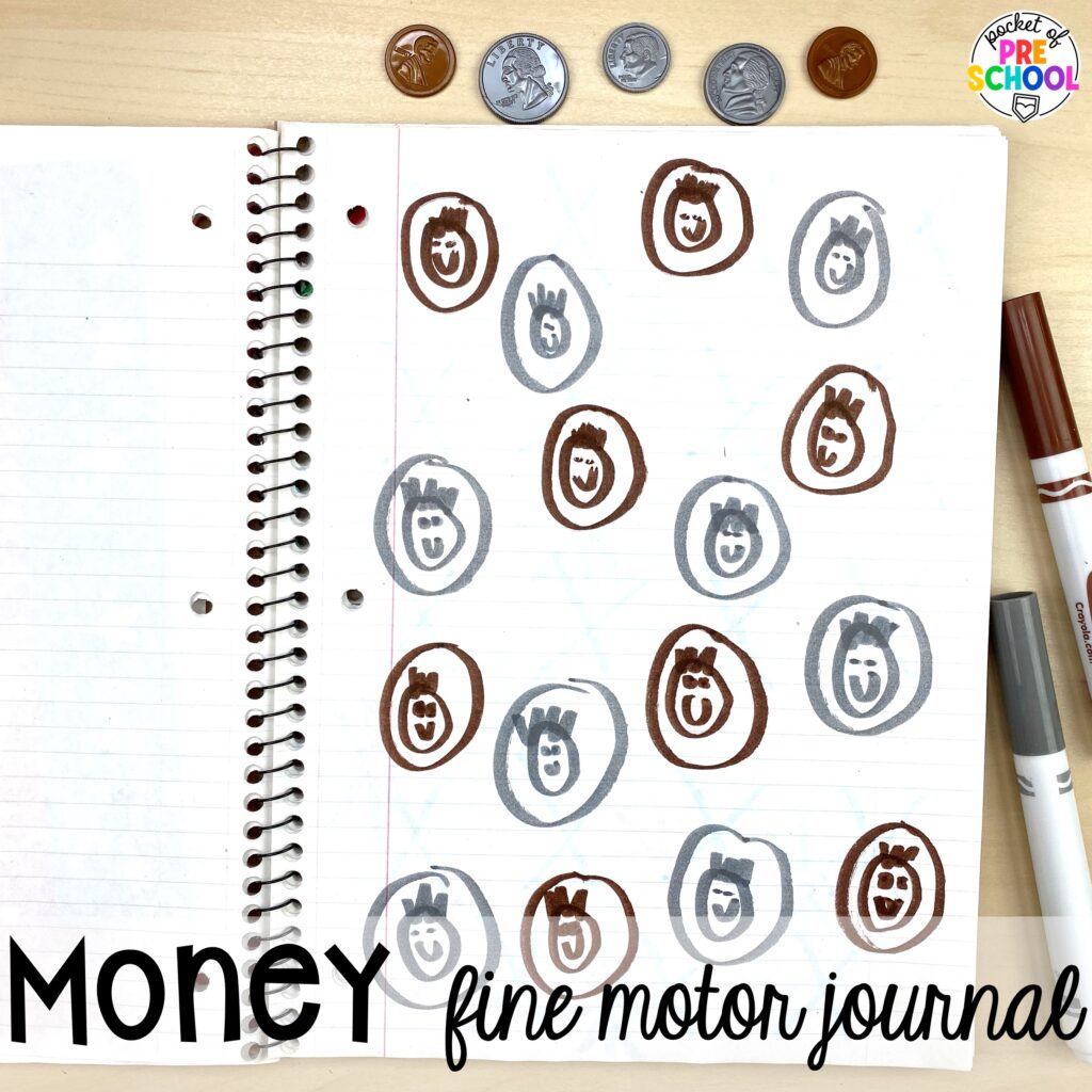Money fine motor journal idea plus more USA activities and centers for preschool, pre-k, and kindergarten students. These are perfect for President's Day, 4th of July, election time, or Veteran's Day.
