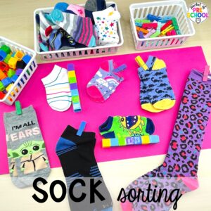 Sock sorting plus more clothing activities and centers for preschool, pre-k, and kindergarten students. This is a great theme for working on colors, patterns, sorting, and matching!