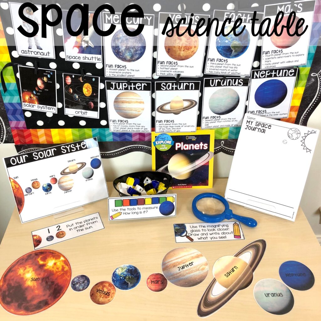 Space science table and more space activities and center ideas for preschool, pre-k, and kindergarten to blast off their learning potential!