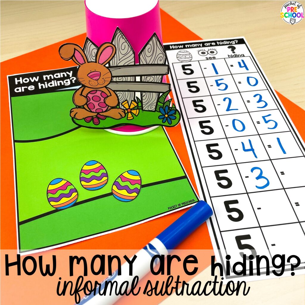 How many are hiding? informal subtraction plus more Easter-themed centers and activities that are sure to egg-cite your preschool, pre-k, and kindergarten students!