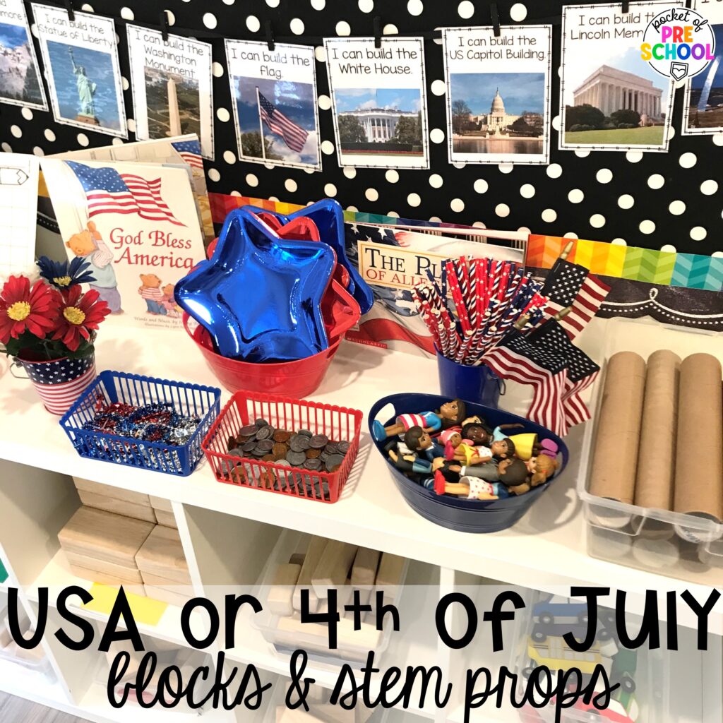 USA or Fourth of July blocks & STEM props plus more USA activities and centers for preschool, pre-k, and kindergarten students. These are perfect for President's Day, 4th of July, election time, or Veteran's Day.