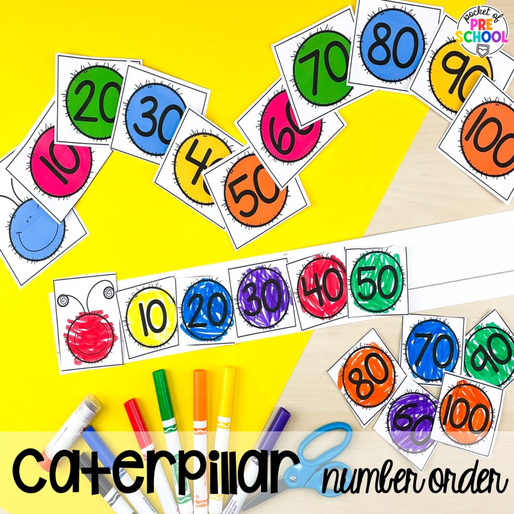 Caterpillar number order plus more 100th day activities for preschool, pre-k, and kindergarten students to count, explore, and practice numbers to 100.