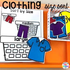 Clothing size sort plus more clothing activities and centers for preschool, pre-k, and kindergarten students. This is a great theme for working on colors, patterns, sorting, and matching!