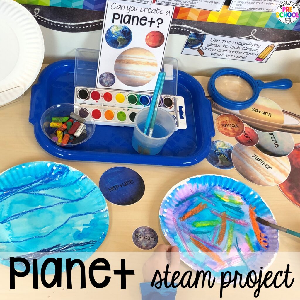Planet steam project and more space activities and center ideas for preschool, pre-k, and kindergarten to blast off their learning potential!