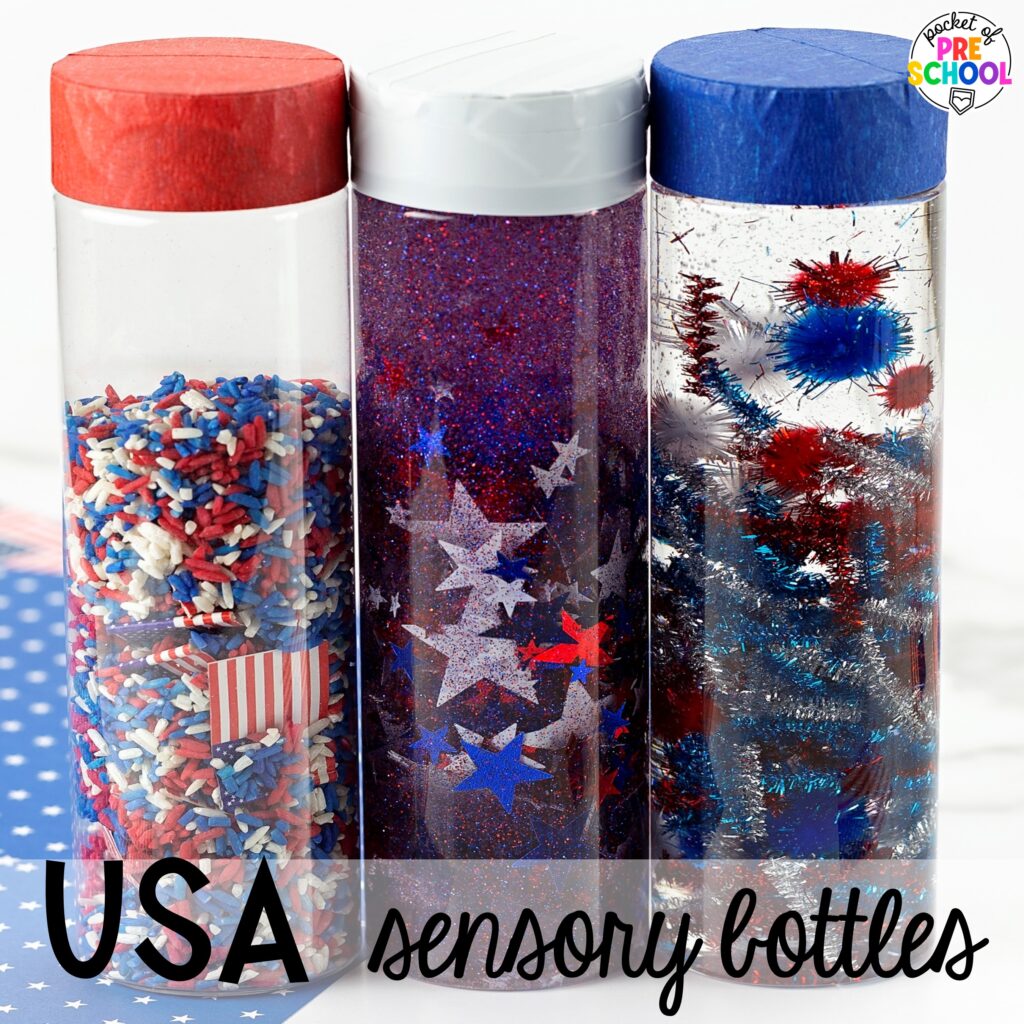 USA sensory bottles plus more USA activities and centers for preschool, pre-k, and kindergarten students. These are perfect for President's Day, 4th of July, election time, or Veteran's Day.