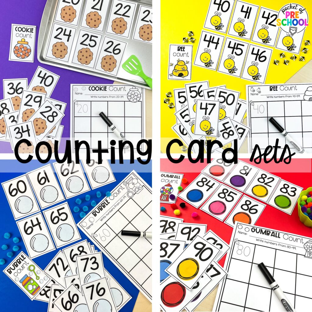 Counting to 100 card sets plus more 100th day activities for preschool, pre-k, and kindergarten students to count, explore, and practice numbers to 100.
