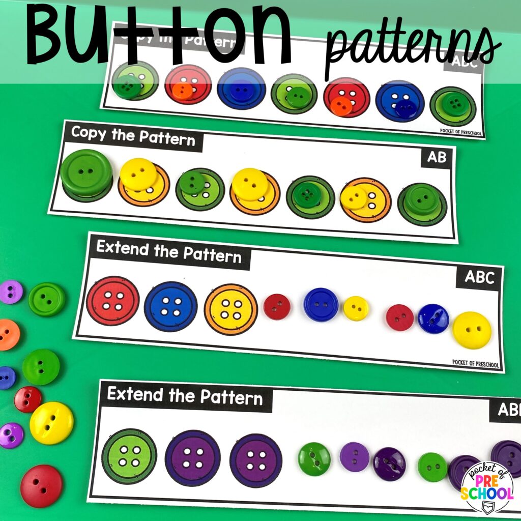 Button patterns plus more clothing activities and centers for preschool, pre-k, and kindergarten students. This is a great theme for working on colors, patterns, sorting, and matching!