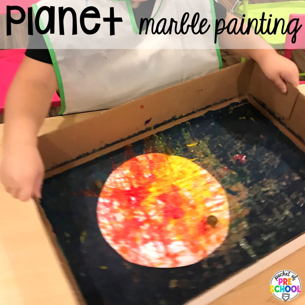 Planet marble painting and more space activities and center ideas for preschool, pre-k, and kindergarten to blast off their learning potential!