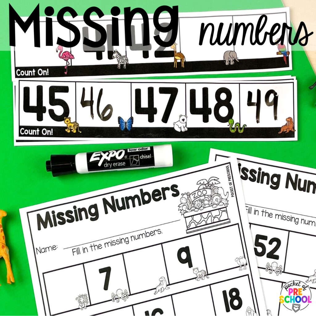 Missing numbers activities plus more 100th day activities for preschool, pre-k, and kindergarten students to count, explore, and practice numbers to 100.