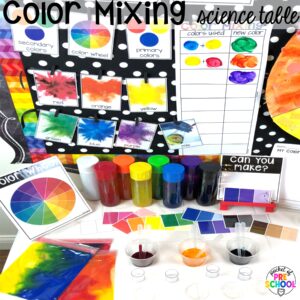 Color mixing science table plus more clothing activities and centers for preschool, pre-k, and kindergarten students. This is a great theme for working on colors, patterns, sorting, and matching!