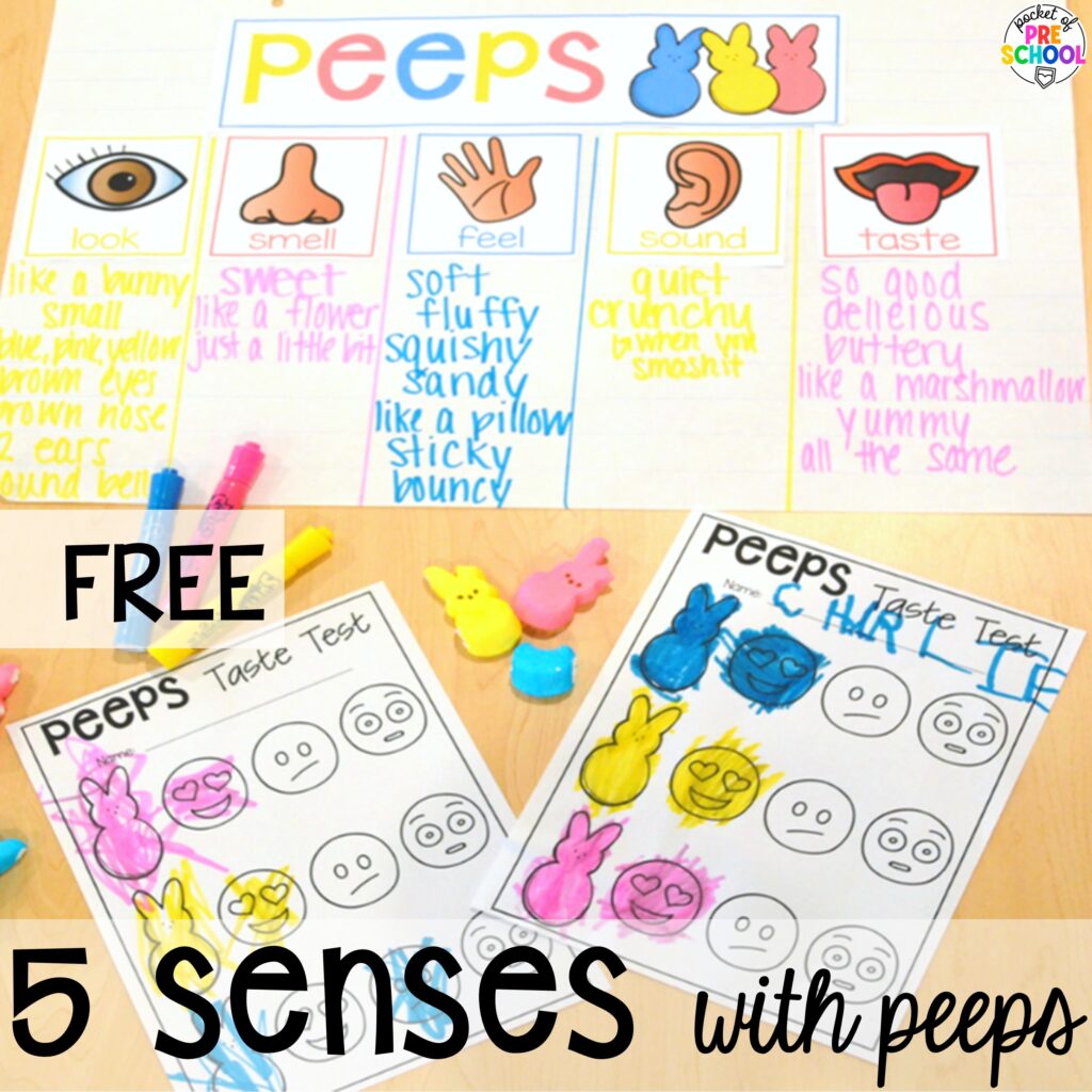 5 senses with peeps FREEBIE plus more Easter-themed centers and activities that are sure to egg-cite your preschool, pre-k, and kindergarten students!