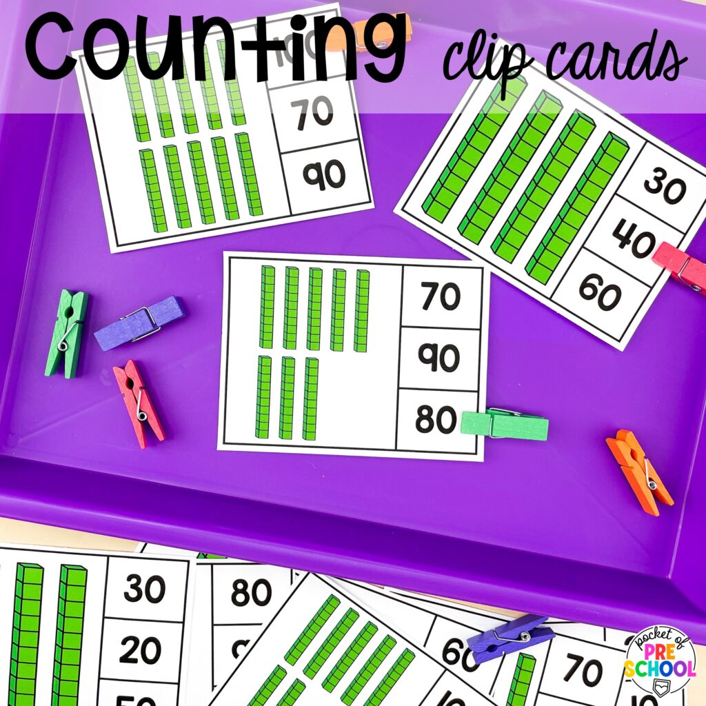 Counting clip cards plus more 100th day activities for preschool, pre-k, and kindergarten students to count, explore, and practice numbers to 100.