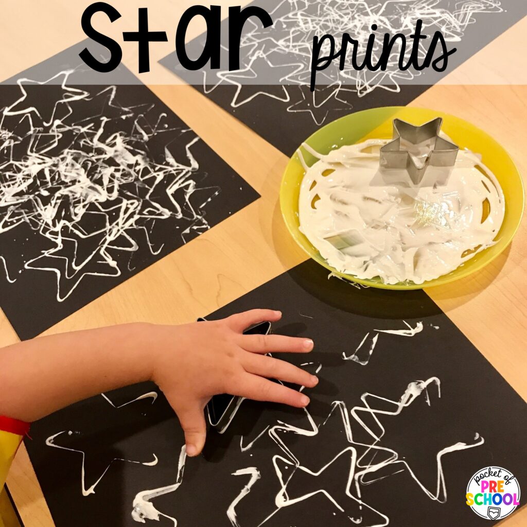 Star cookie cutter prints and more space activities and center ideas for preschool, pre-k, and kindergarten to blast off their learning potential!