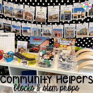 Community helpers blocks & STEM props plus more clothing activities and centers for preschool, pre-k, and kindergarten students. This is a great theme for working on colors, patterns, sorting, and matching!