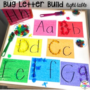 Bug letter build plus more spring light table activities for preschool, pre-k, and kindergarten students to have fun and learn at the light table.