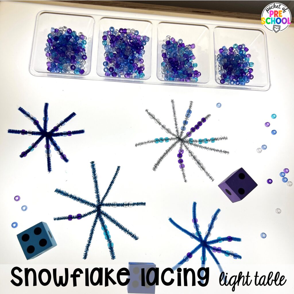 Snowflake lacing light table plus more winter light table activities for preschool, pre-k, and kindergarten students to learn on the light table.