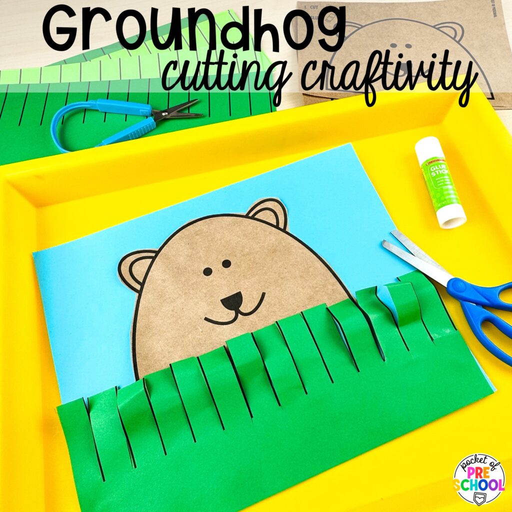 Groundhog cutting craftivity plus more Groundhog Day Activities and Centers for math, literacy, fine motor, science, and more for preschool, pre-k, and kindergarten students.
