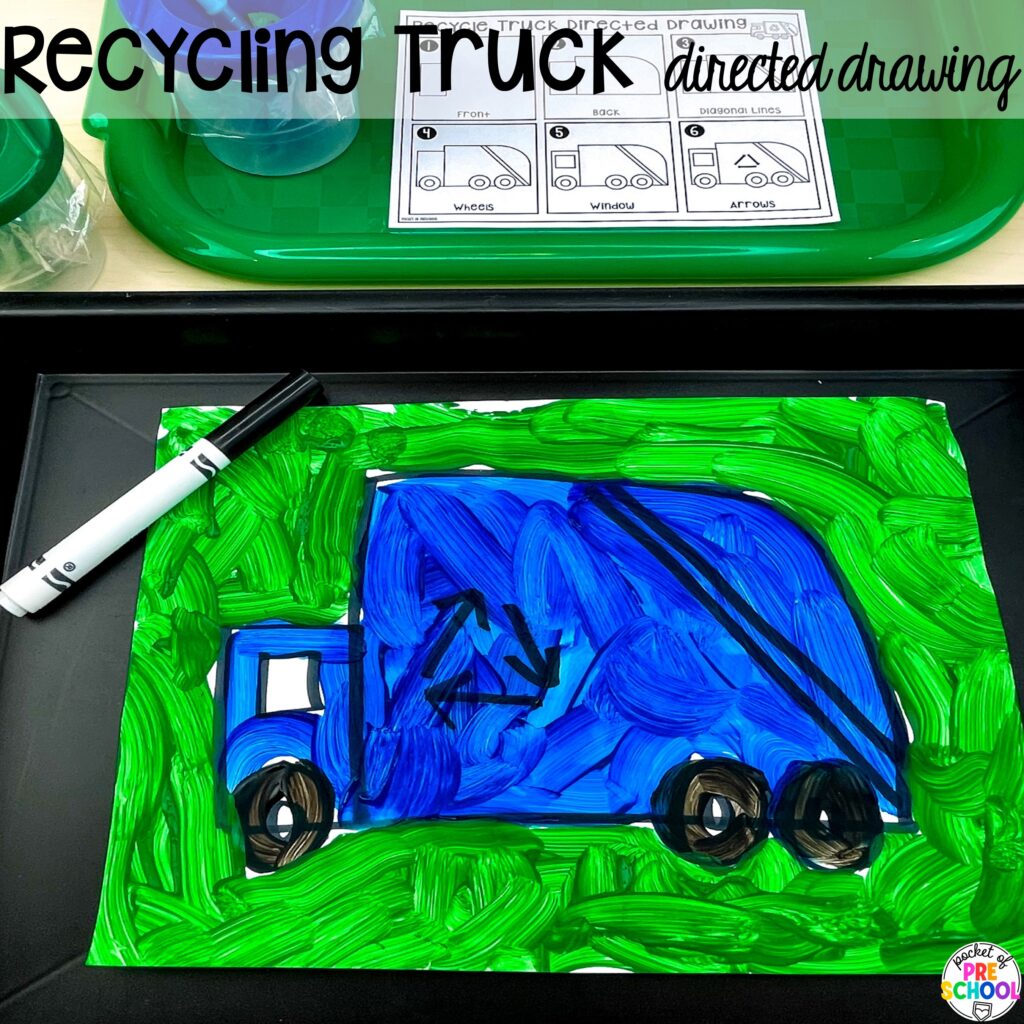 Recycling truck directed drawing plus more about transportation directed drawings and how to use them in your preschool, pre-k, and kindergarten classroom.