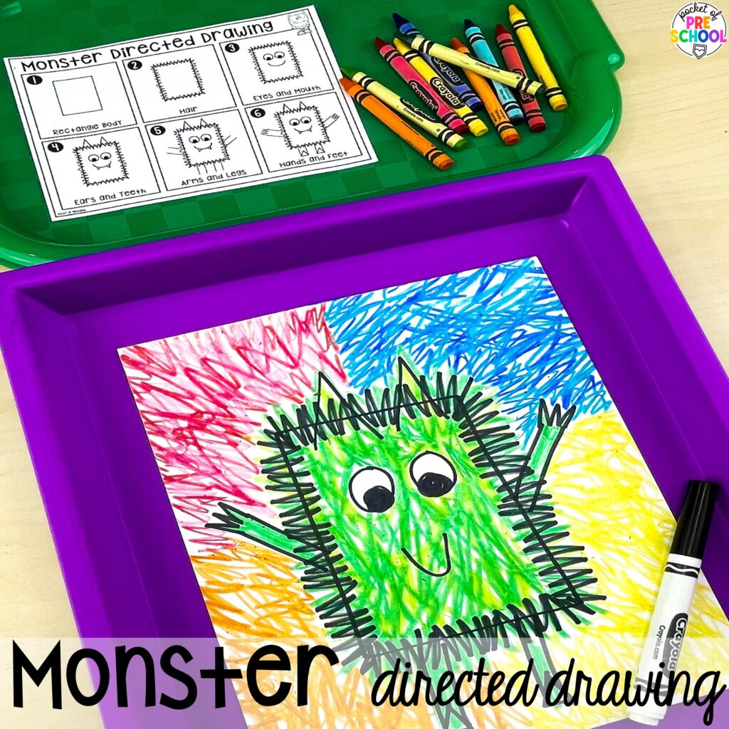 Monster directed drawing plus more book buddies directed drawings and how to use them in your preschool, pre-k, and kindergarten classroom.