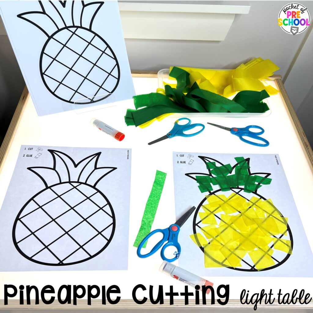 Pineapple cutting light table plus more summer light table activities for preschool, pre-k, and kindergarten students. Ideas for math, literacy, fine motor, and STEM.