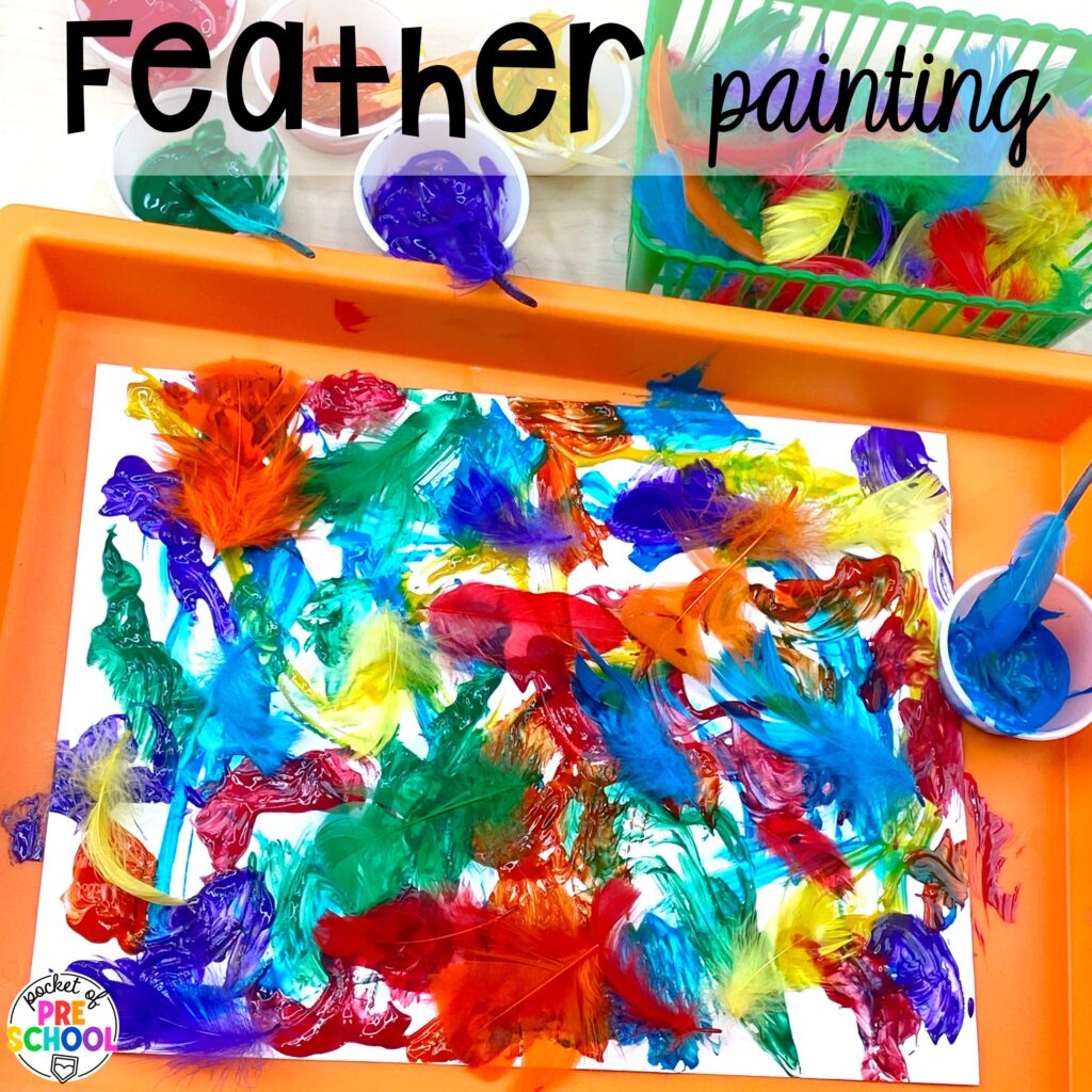 Feather painting art plus more spring art activities to brighten your preschool, pre-k, and kindergarten rooms.