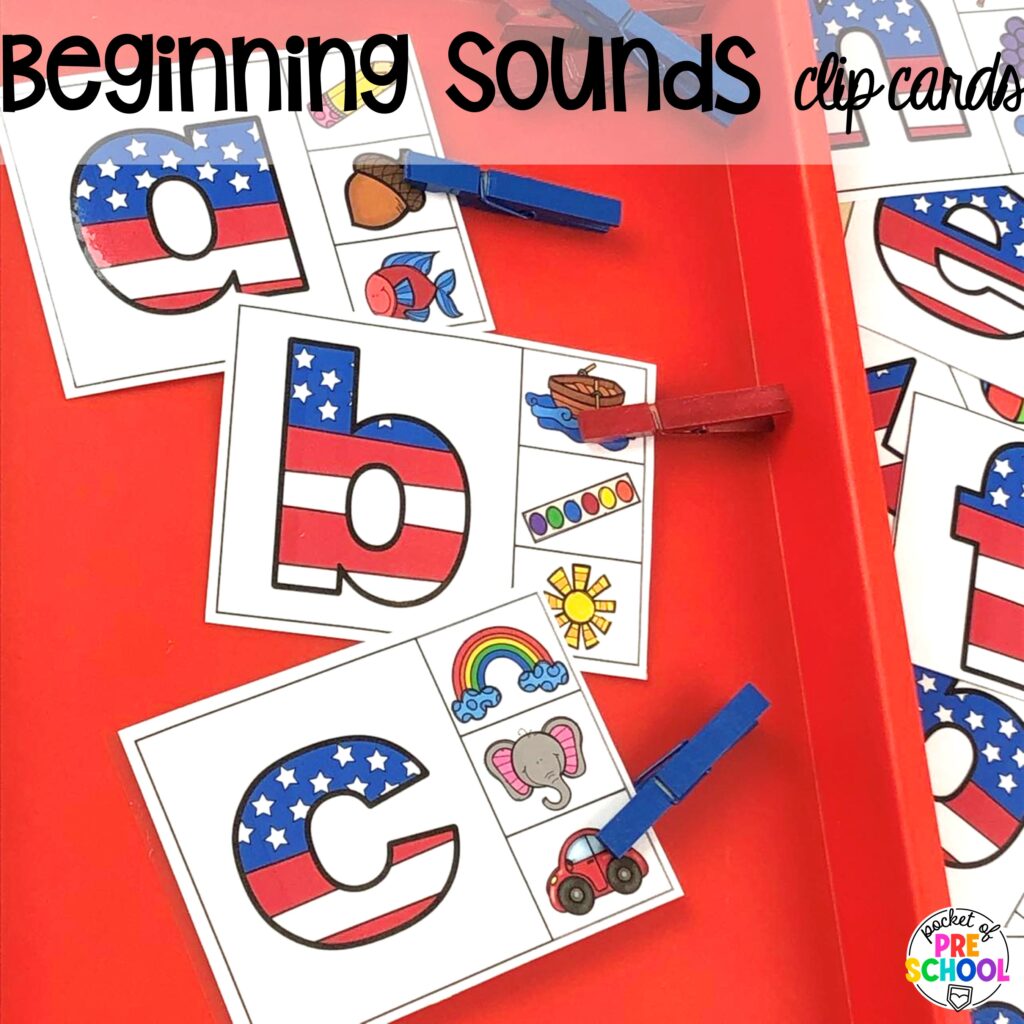 Beginning sounds clip cards plus more USA activities and centers for preschool, pre-k, and kindergarten students. These are perfect for President's Day, 4th of July, election time, or Veteran's Day.