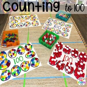 Counting to 100 plus more 100th day activities for preschool, pre-k, and kindergarten students to count, explore, and practice numbers to 100.