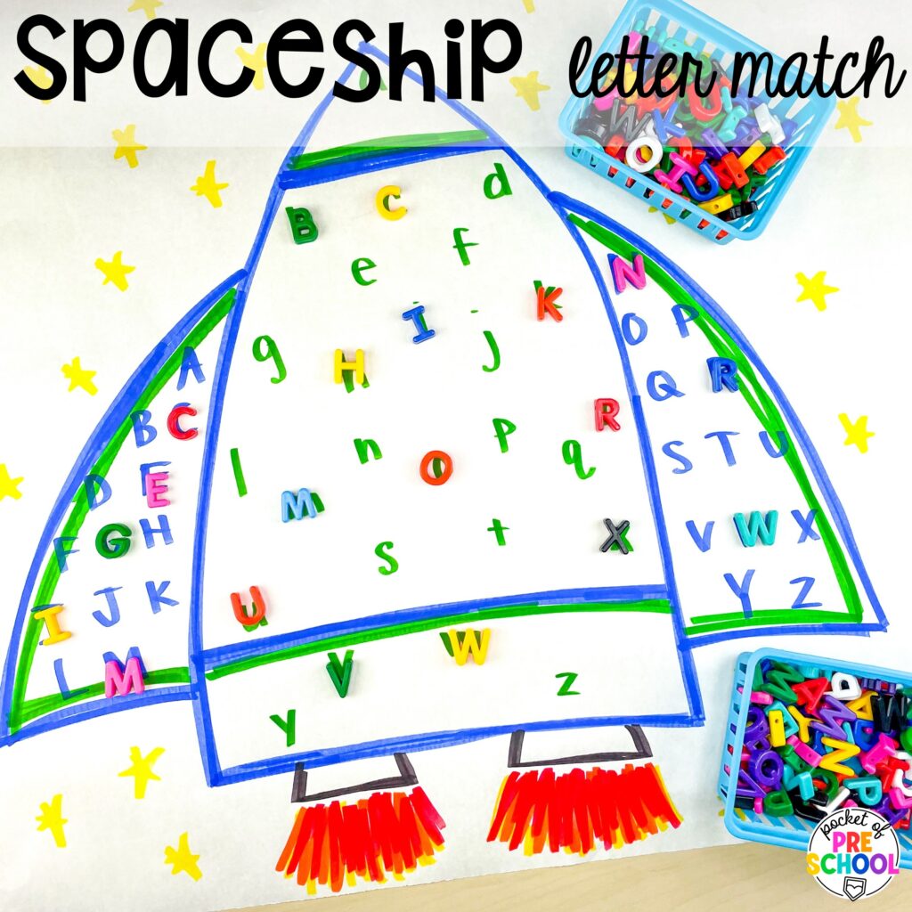 Spaceship letter match and more space activities and center ideas for preschool, pre-k, and kindergarten to blast off their learning potential!