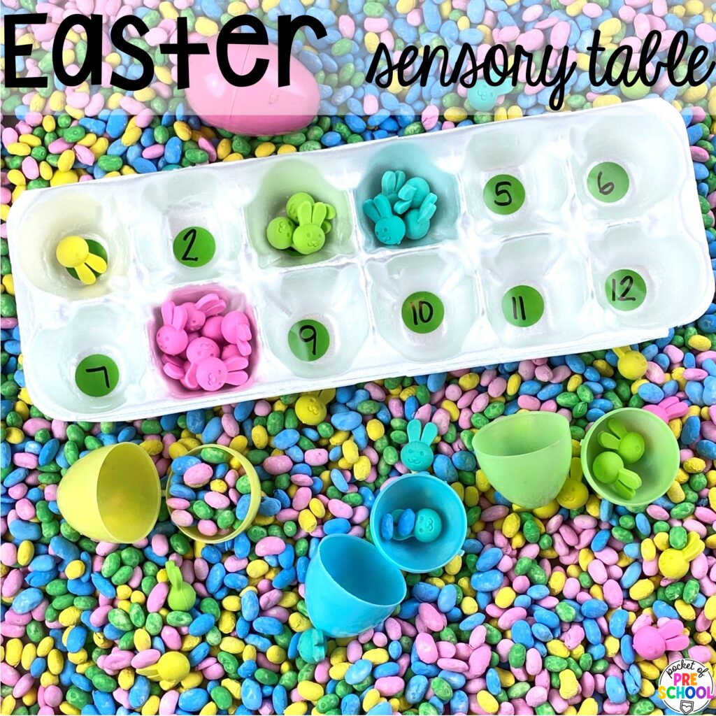 Easter sensory table plus more Easter-themed centers and activities that are sure to egg-cite your preschool, pre-k, and kindergarten students!
