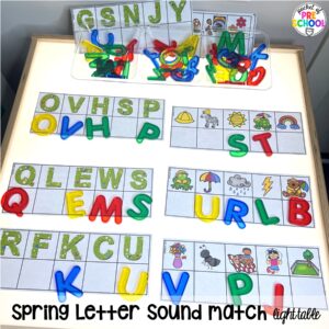 Spring letter sound match plus more spring light table activities for preschool, pre-k, and kindergarten students to have fun and learn at the light table.