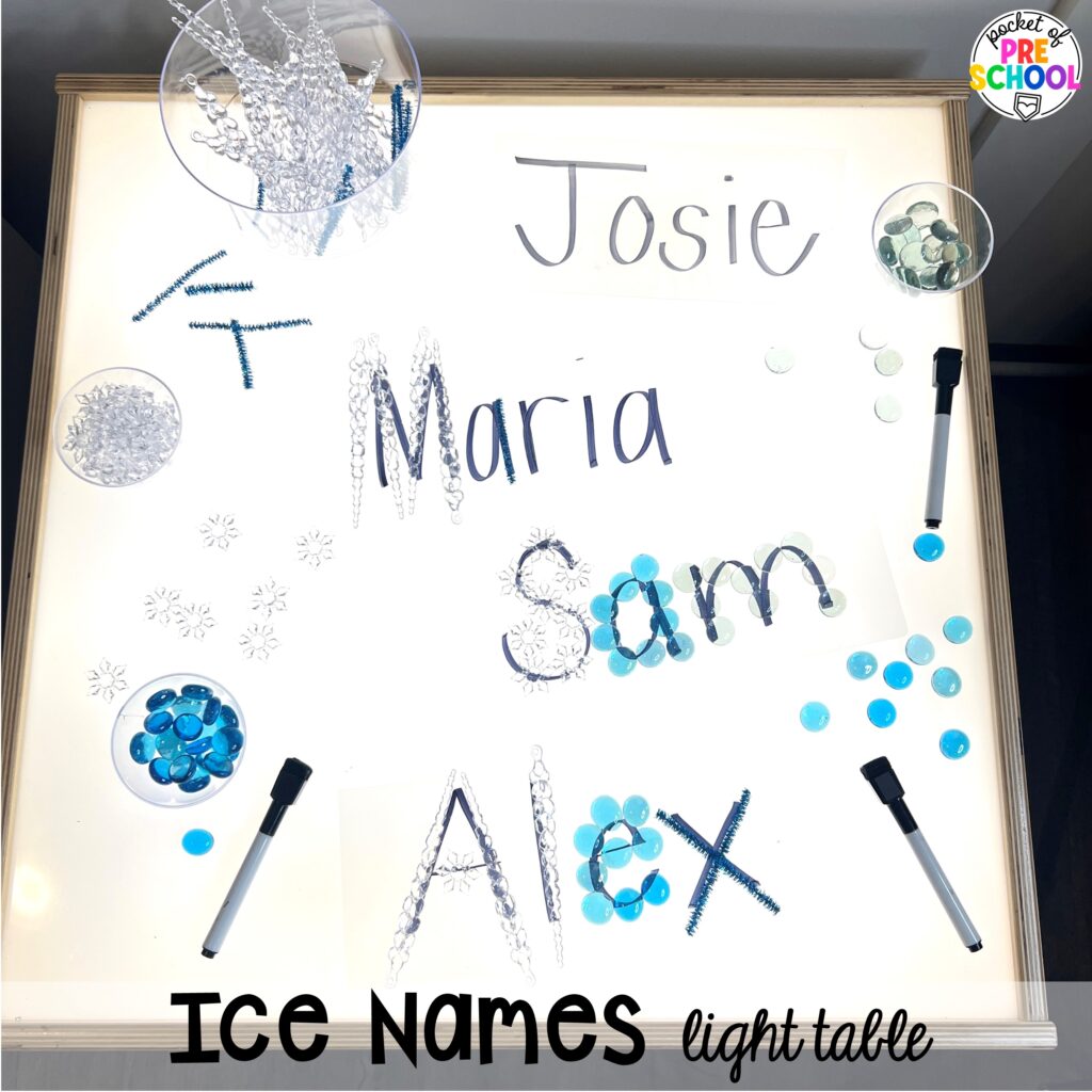 Ice names light table plus more winter light table activities for preschool, pre-k, and kindergarten students to learn on the light table.