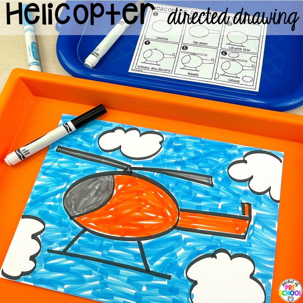 Helicopter directed drawing plus more about transportation directed drawings and how to use them in your preschool, pre-k, and kindergarten classroom.