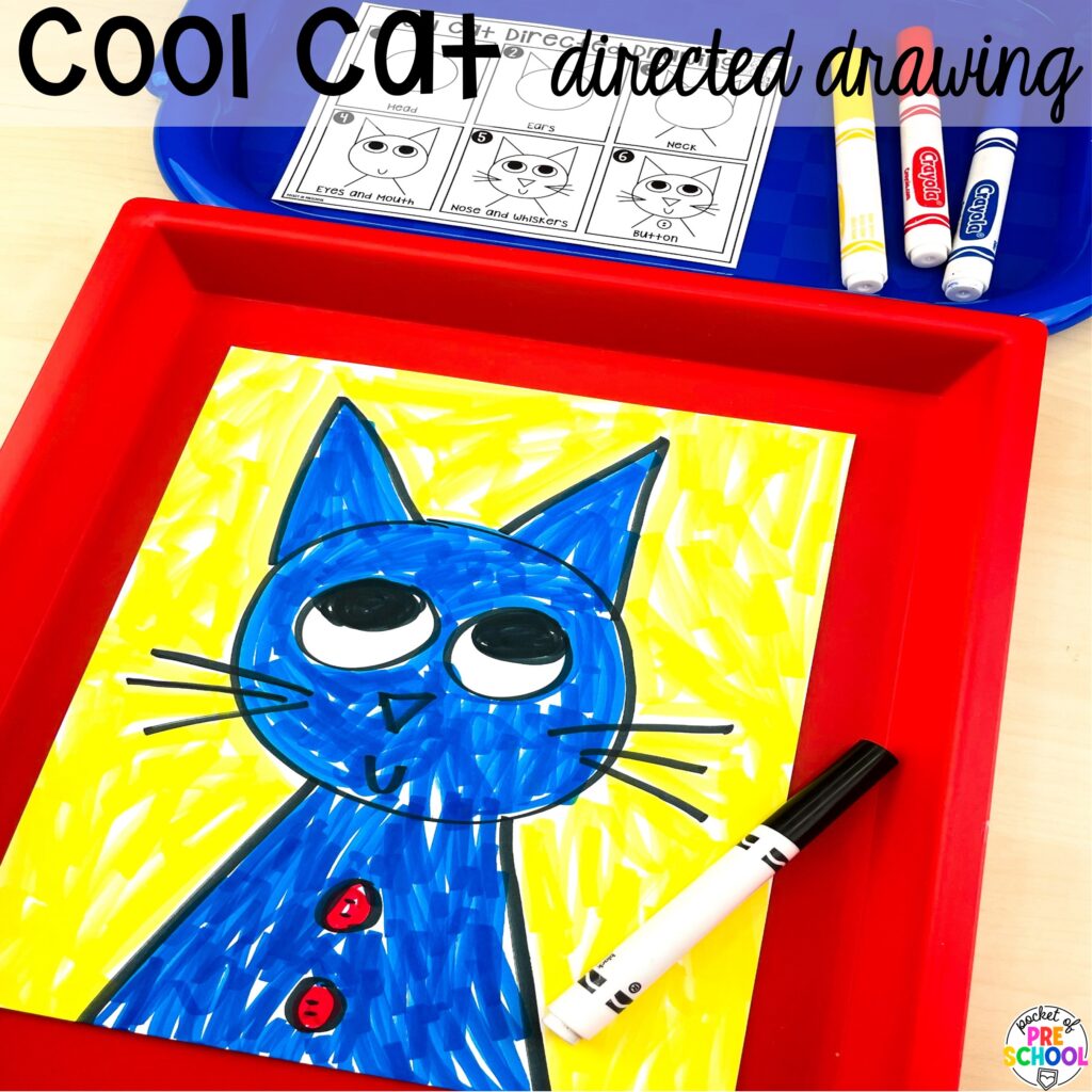 Cool cat directed drawing plus more book buddies directed drawings and how to use them in your preschool, pre-k, and kindergarten classroom.