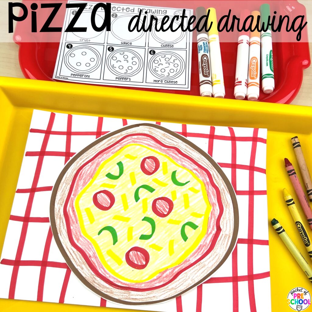 Pizza directed drawing plus more themes directed drawings and how to use them in your preschool, pre-k, and kindergarten classroom.