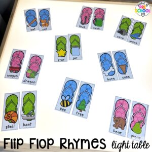 Flip flop rhymes light table plus more summer light table activities for preschool, pre-k, and kindergarten students. Ideas for math, literacy, fine motor, and STEM.
