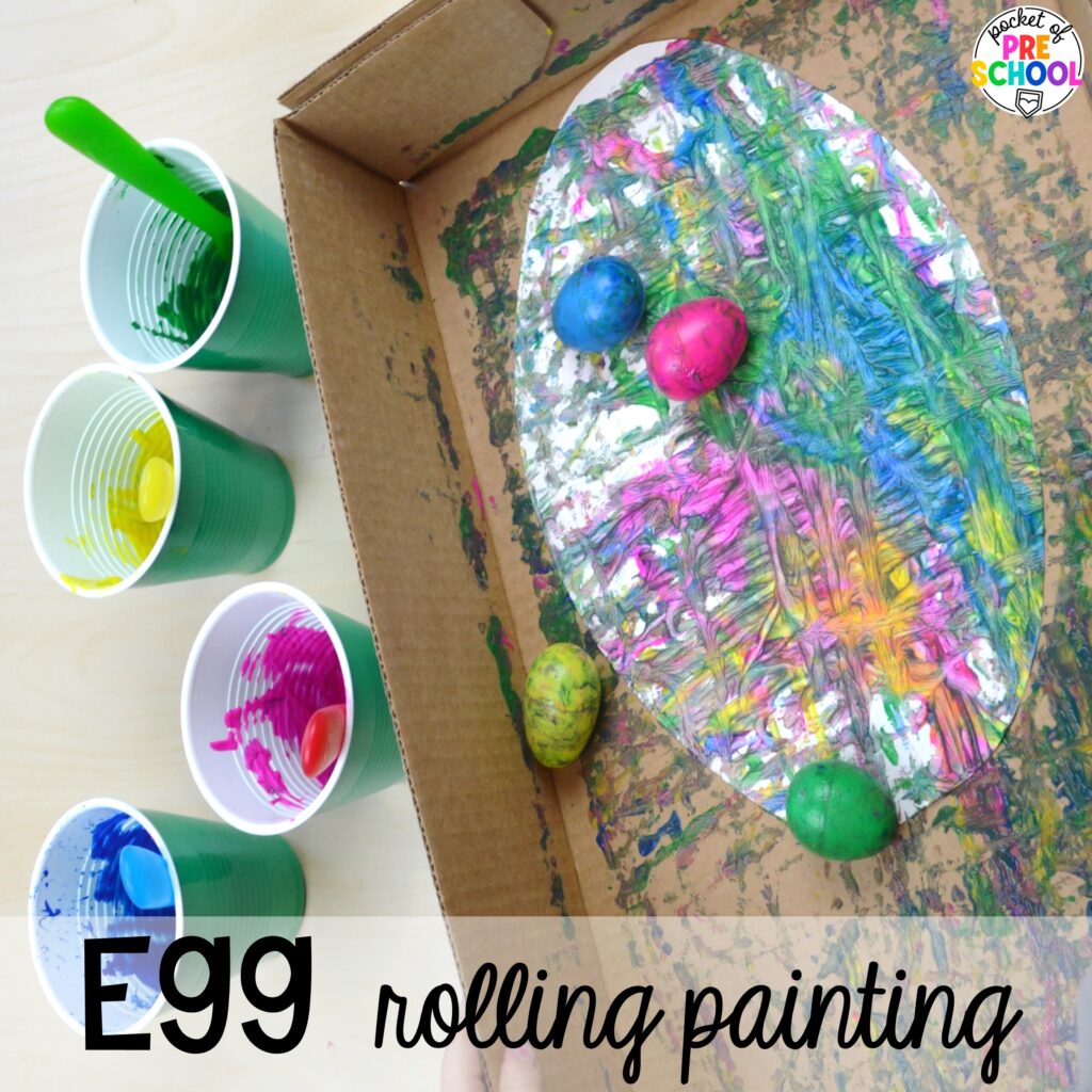 Egg rolling art plus more spring art activities to brighten your preschool, pre-k, and kindergarten rooms.