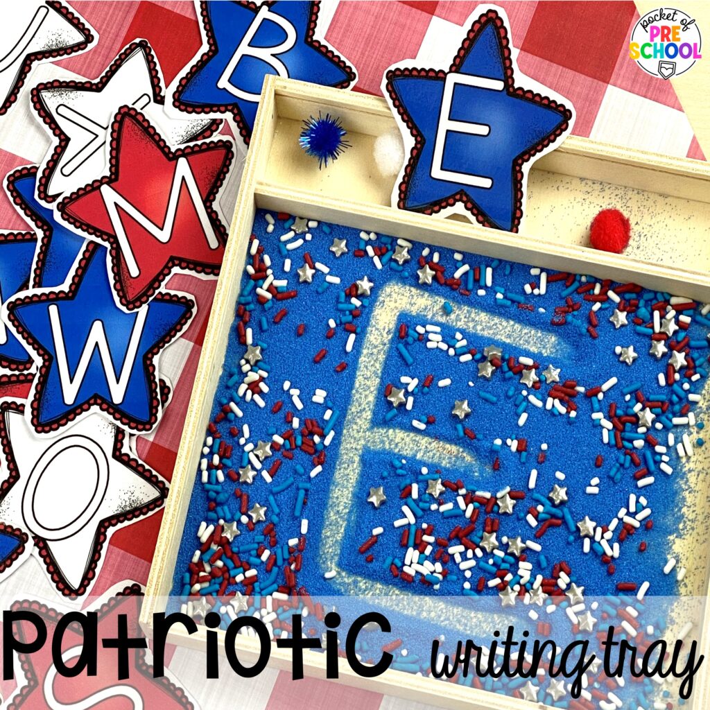 Patriotic writing tray plus more USA activities and centers for preschool, pre-k, and kindergarten students. These are perfect for President's Day, 4th of July, election time, or Veteran's Day.