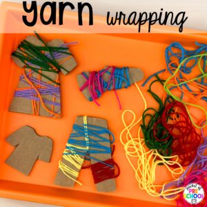 Yarn wrapping fine motor plus more clothing activities and centers for preschool, pre-k, and kindergarten students. This is a great theme for working on colors, patterns, sorting, and matching!