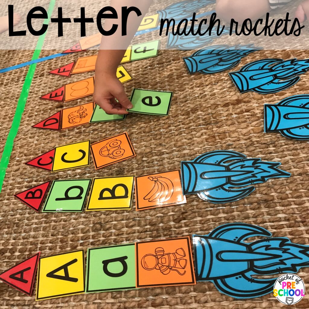 Letter match rockets and more space activities and center ideas for preschool, pre-k, and kindergarten to blast off their learning potential!