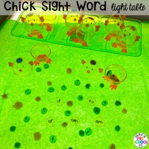 Chick sight words plus more spring light table activities for preschool, pre-k, and kindergarten students to have fun and learn at the light table.