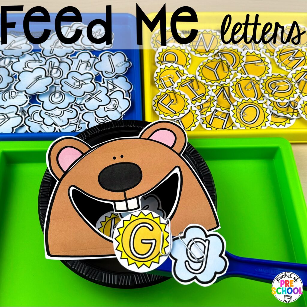 Groundhog feed me letters, sounds, and sight words plus more Groundhog Day Activities and Centers for math, literacy, fine motor, science, and more for preschool, pre-k, and kindergarten students.