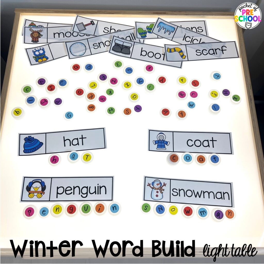 Winter word building light table plus more winter light table activities for preschool, pre-k, and kindergarten students to learn on the light table.