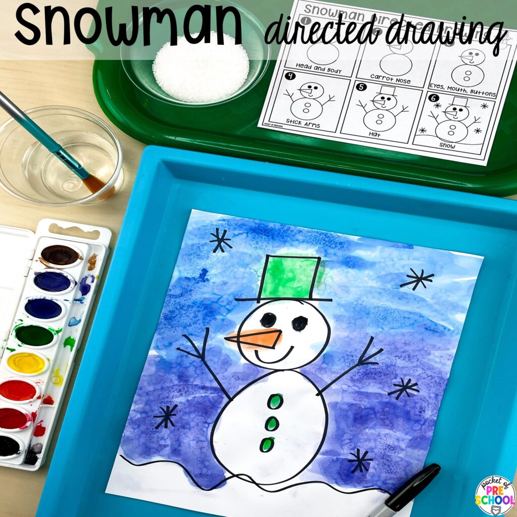 Snowman directed drawing plus more about winter directed drawings and how to use them in your preschool, pre-k, and kindergarten classroom.