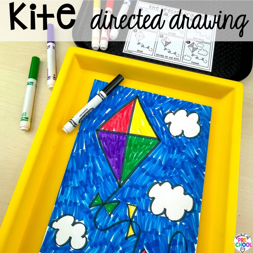 Kite directed drawing plus more spring directed drawings and how to use them in your preschool, pre-k, and kindergarten classroom.